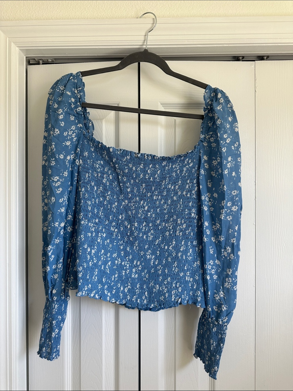 Reformation Blue Floral Smocked Puff-Sleeve Top